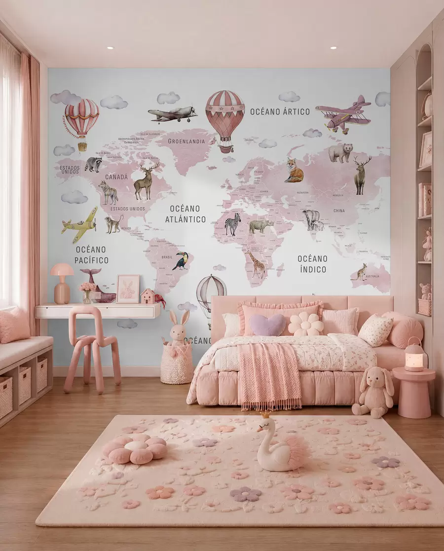 wall murals Watercolor-style map for children featuring animals and hot air balloons. Spanish language. Pink c00001esv3