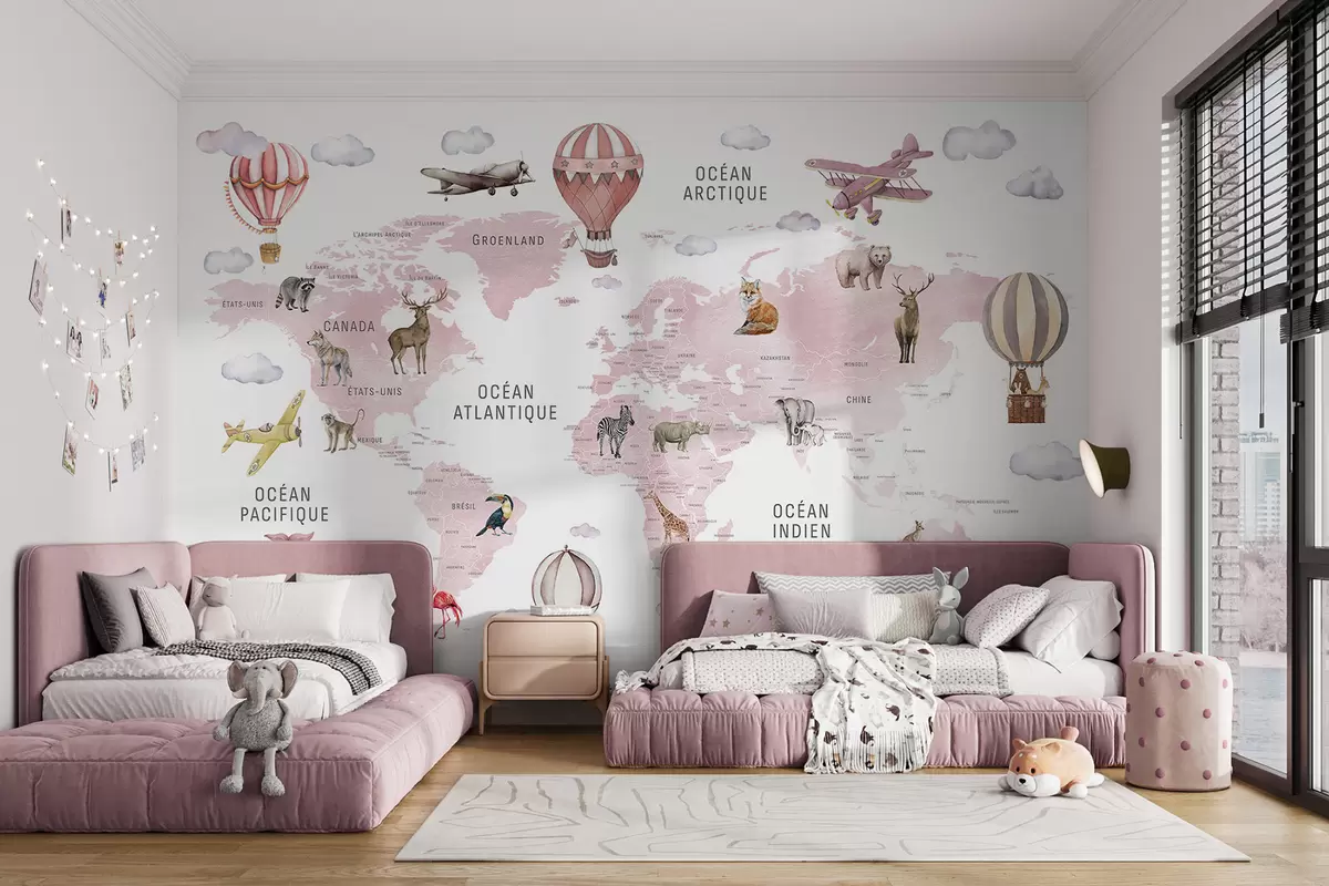 wall murals Children's map in watercolour style with animals and hot air balloons. French language. Pink colour. c00001frv3