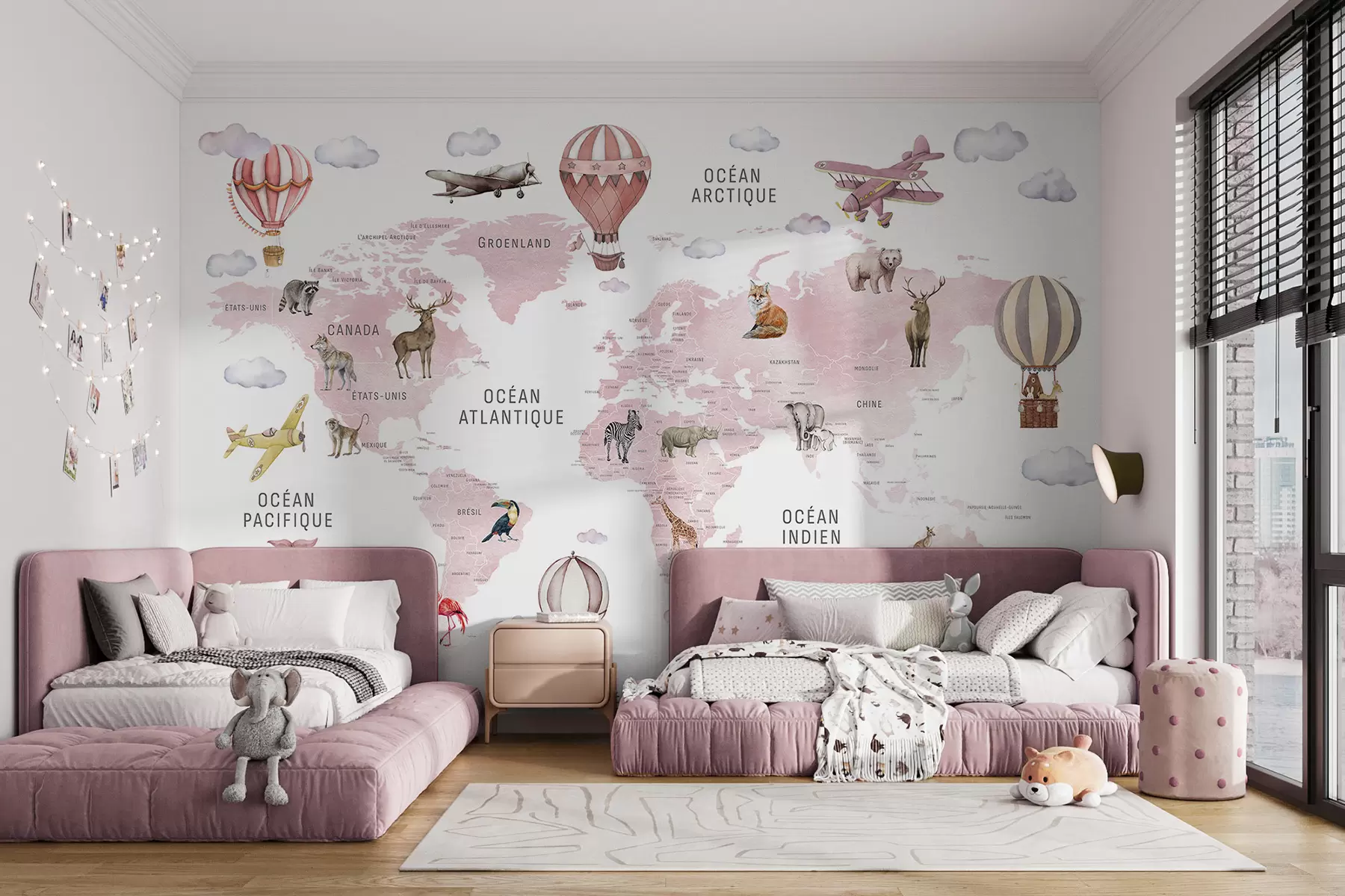 Wall Mural Photo Wallpaper Watercolor-style map for children with animals and hot air balloons. French language. Pink color c00001frv3