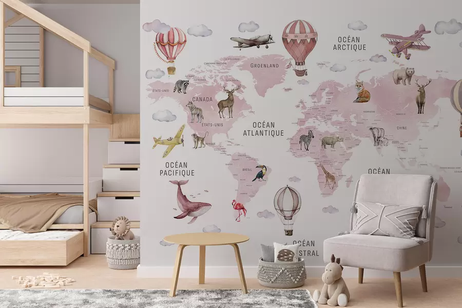 wall murals Children's map in watercolour style with animals and hot air balloons. French language. Pink colour. c00001frv3