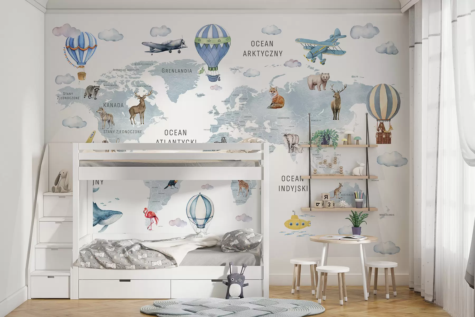 Wall Mural Photo Wallpaper Children's map in watercolour style with animals and hot air balloons. Polish language. Blue colour c00001plv1