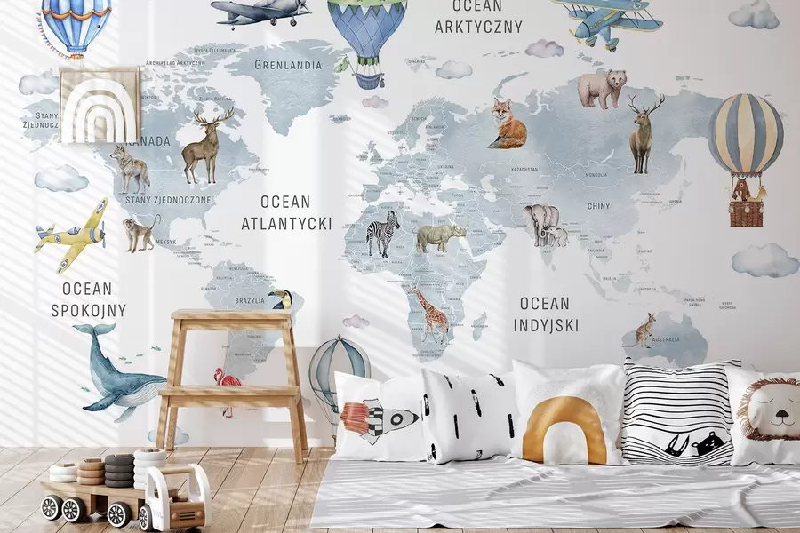 wall murals Children's map in watercolour style with animals and hot air balloons. Polish language. Blue colour. c00001plv1