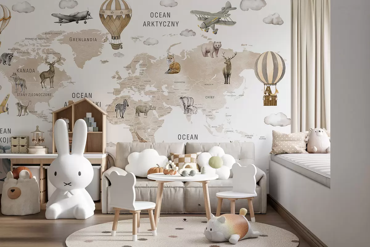 wall murals Children's map in watercolour style with animals and hot air balloons. Polish language. Beige colour. c00001plv2