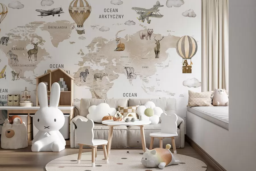 Wall Mural Photo Wallpaper Children's map in watercolour style with animals and hot air balloons. Polish language. Beige colour. c00001plv2