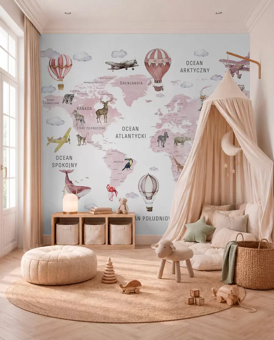 murales Mapa de estilo acuarela para niños con animales y globos aerostáticos. Idioma polaco. Color rosa. c00001plv3