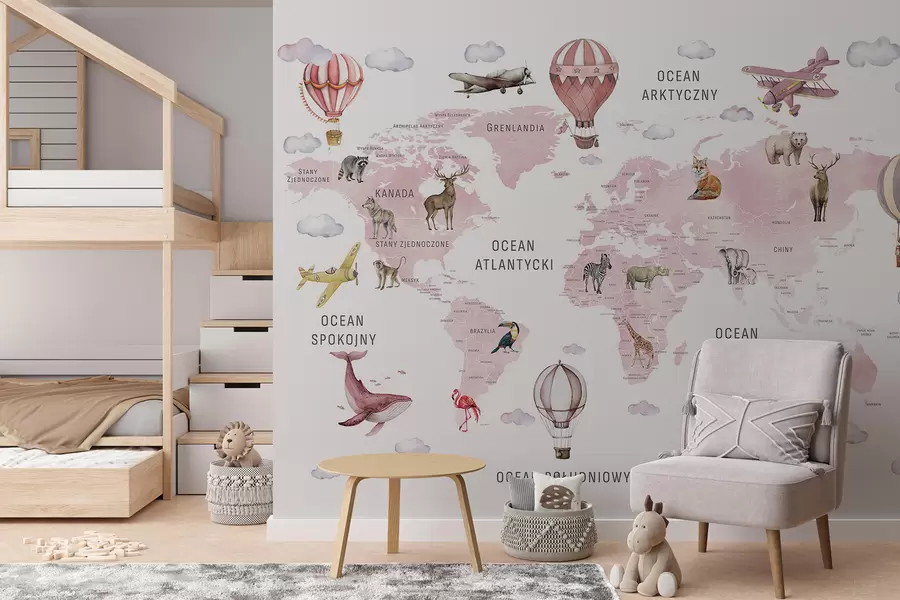 Wall Mural Photo Wallpaper Children's map in watercolour style with animals and hot air balloons. Polish language. Pink colour. c00001plv3