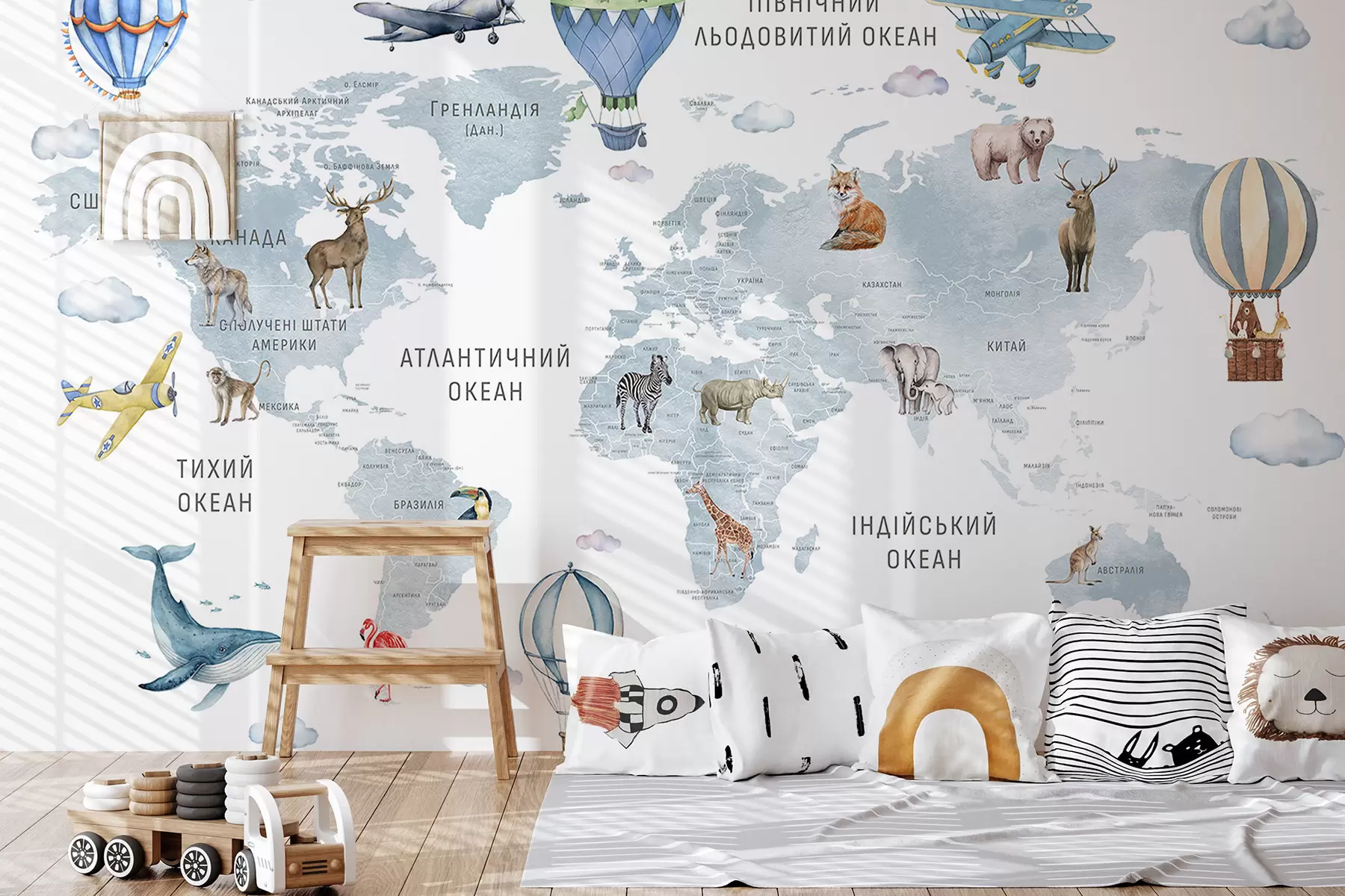 Wall Mural Photo Wallpaper Children's map in watercolour style with animals and hot air balloons. Ukrainian language. Blue colour c00001ukv1