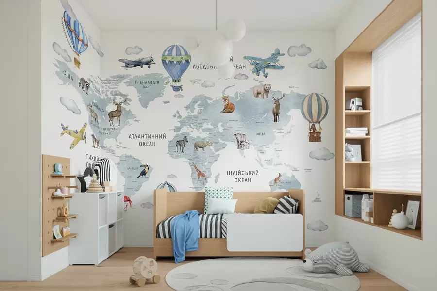 wall murals Children's map in watercolour style with animals and hot air balloons. Ukrainian language. Blue colour. c00001ukv1