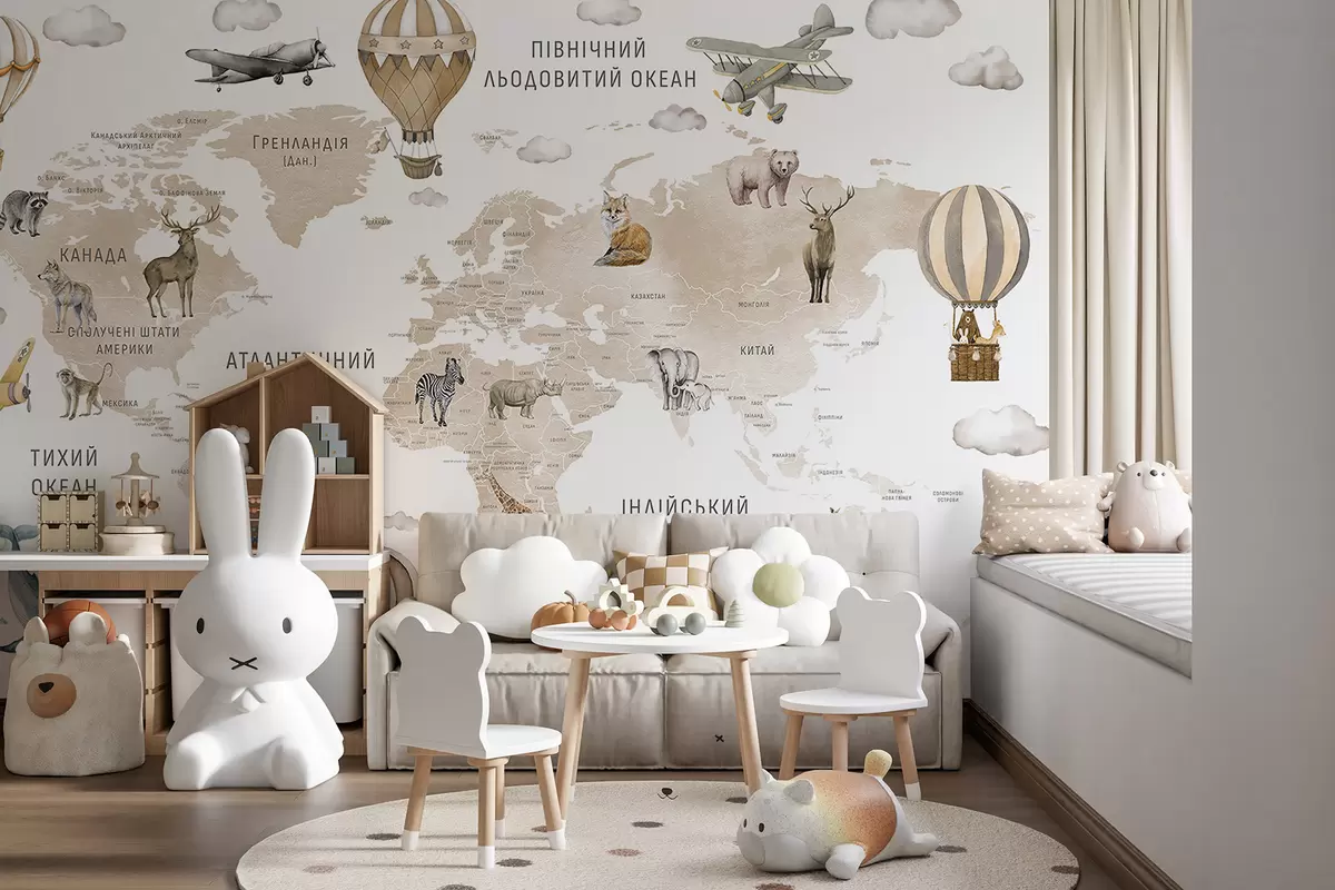 wall murals Children's map in watercolour style with animals and hot air balloons. Ukrainian language. Beige colour. c00001ukv2