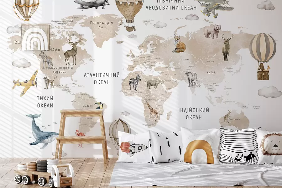wall murals Children's map in watercolour style with animals and hot air balloons. Ukrainian language. Beige colour. c00001ukv2