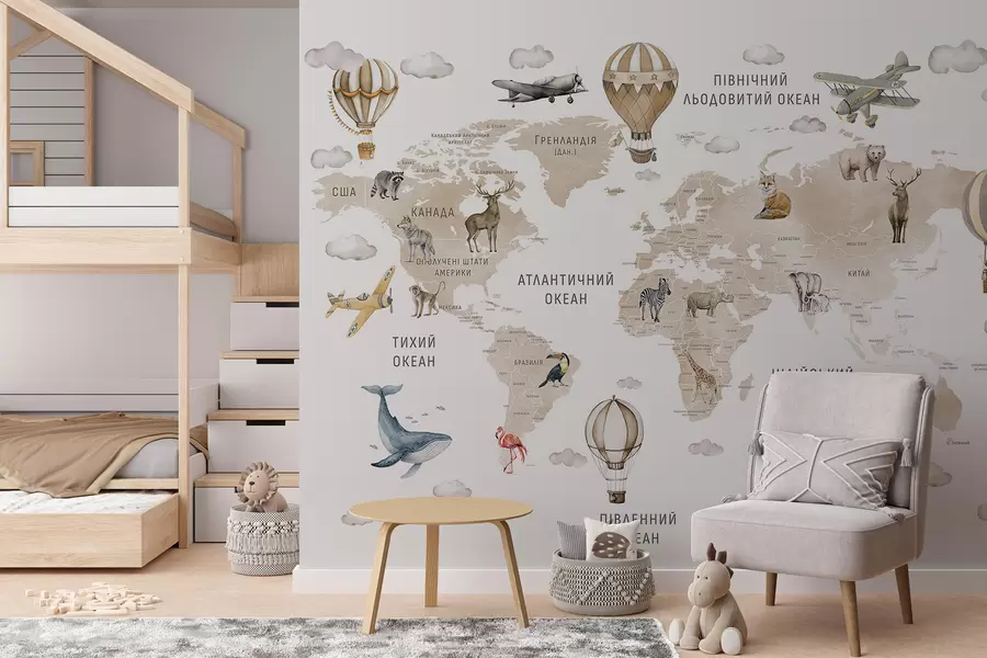 Wall Mural Photo Wallpaper Children's map in watercolour style with animals and hot air balloons. Ukrainian language. Beige colour c00001ukv2