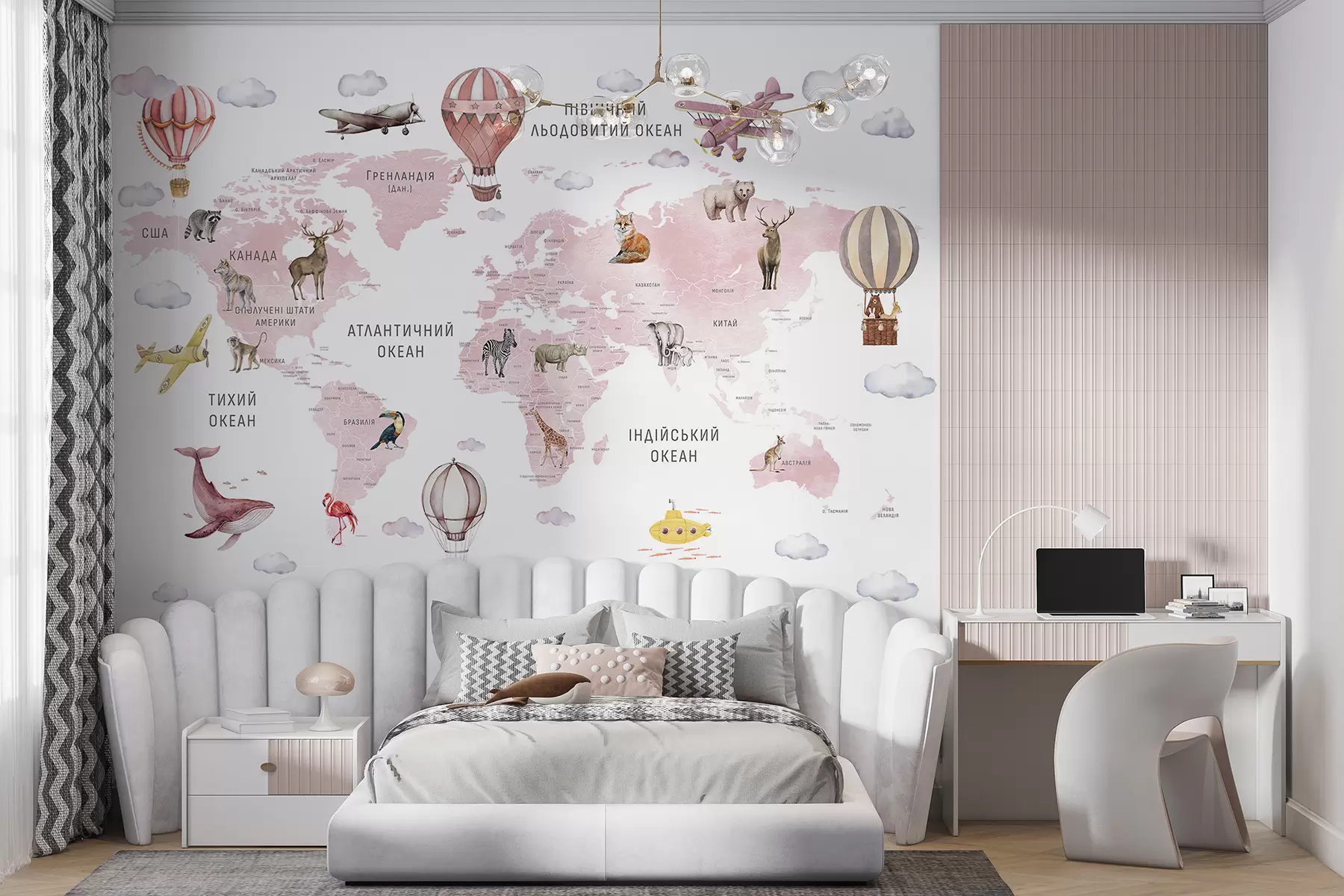 Wall Mural Photo Wallpaper Children's map in watercolour style with animals and hot air balloons. Ukrainian language. Pink colour c00001ukv3