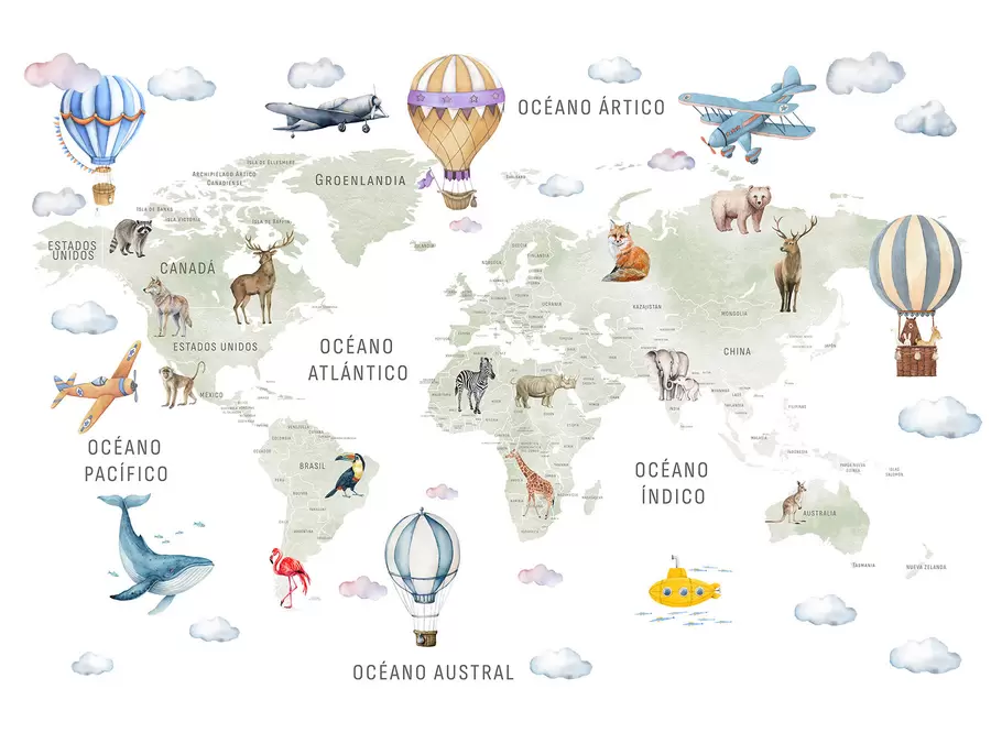 murales Mapa infantil en estilo acuarela con animales y globos aerostáticos. En español. Color verde c00001es