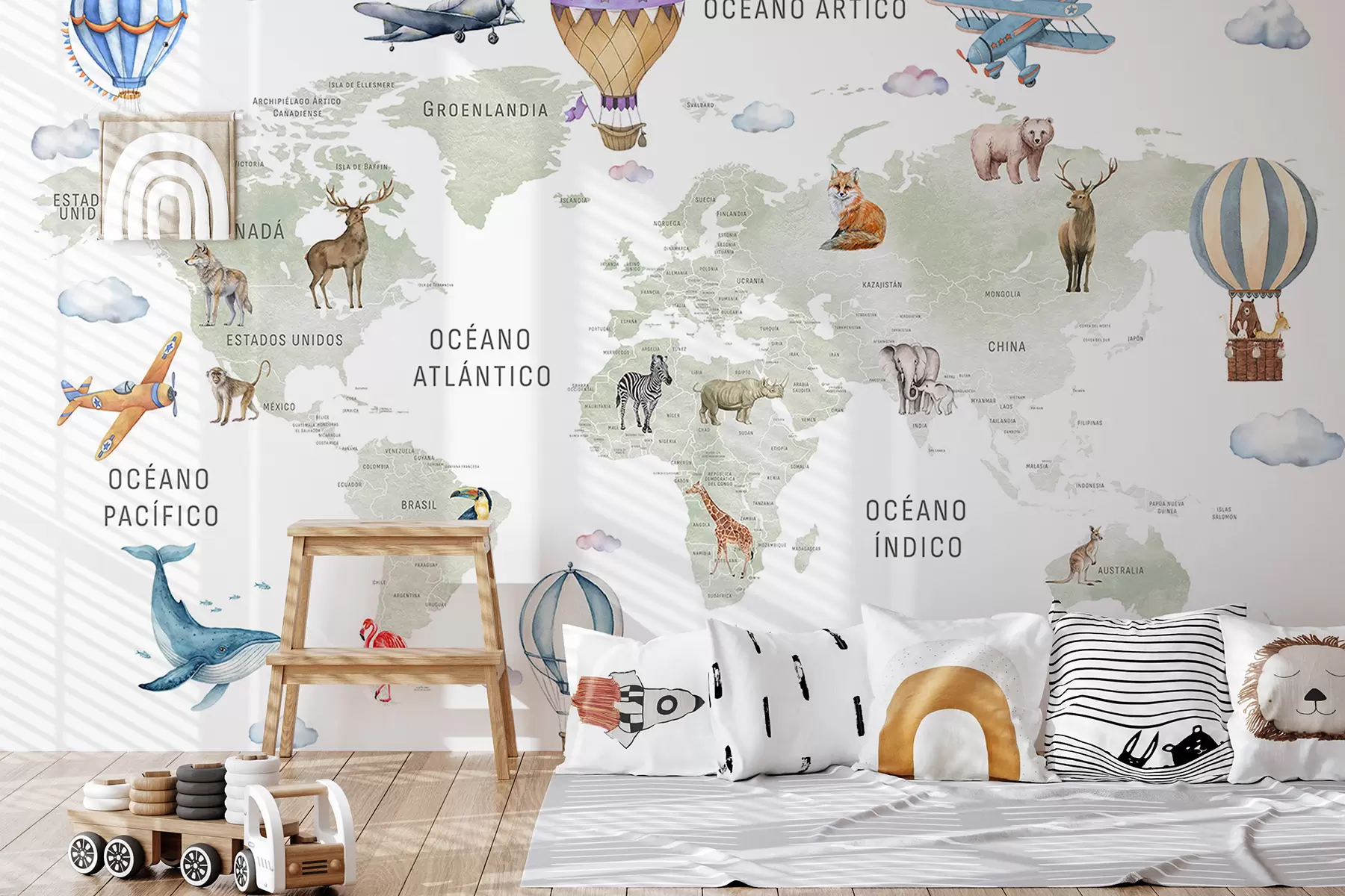 wall murals Children's map in watercolour style with animals and hot air balloons. Spanish language. Green colour c00001es