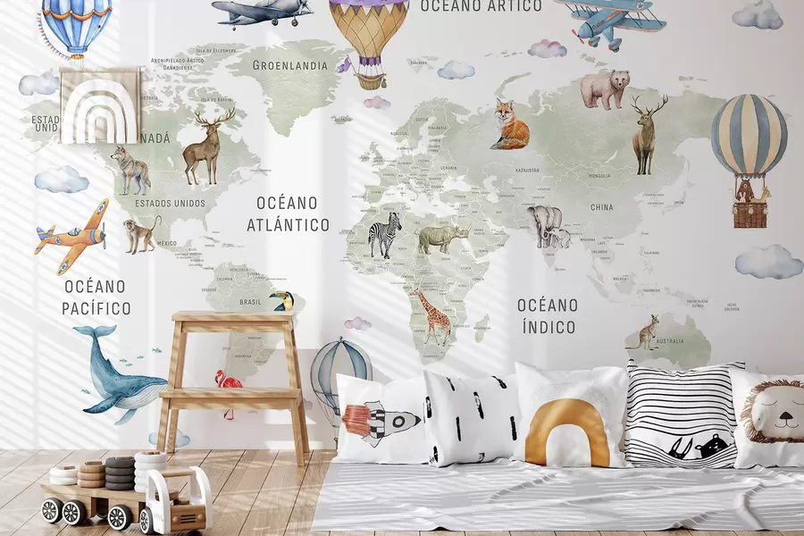 peintures murales Carte pour enfants au style aquarelle avec des animaux et des montgolfières. En espagnol. Couleur verte. c00001es