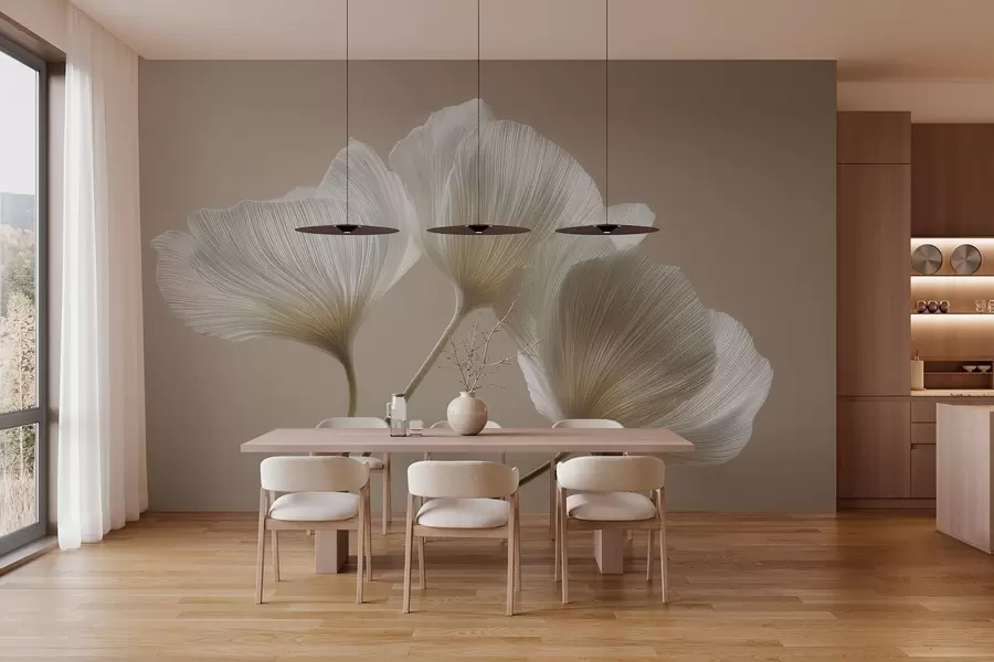 murales tres delicadas flores sobre un fondo beige w04810