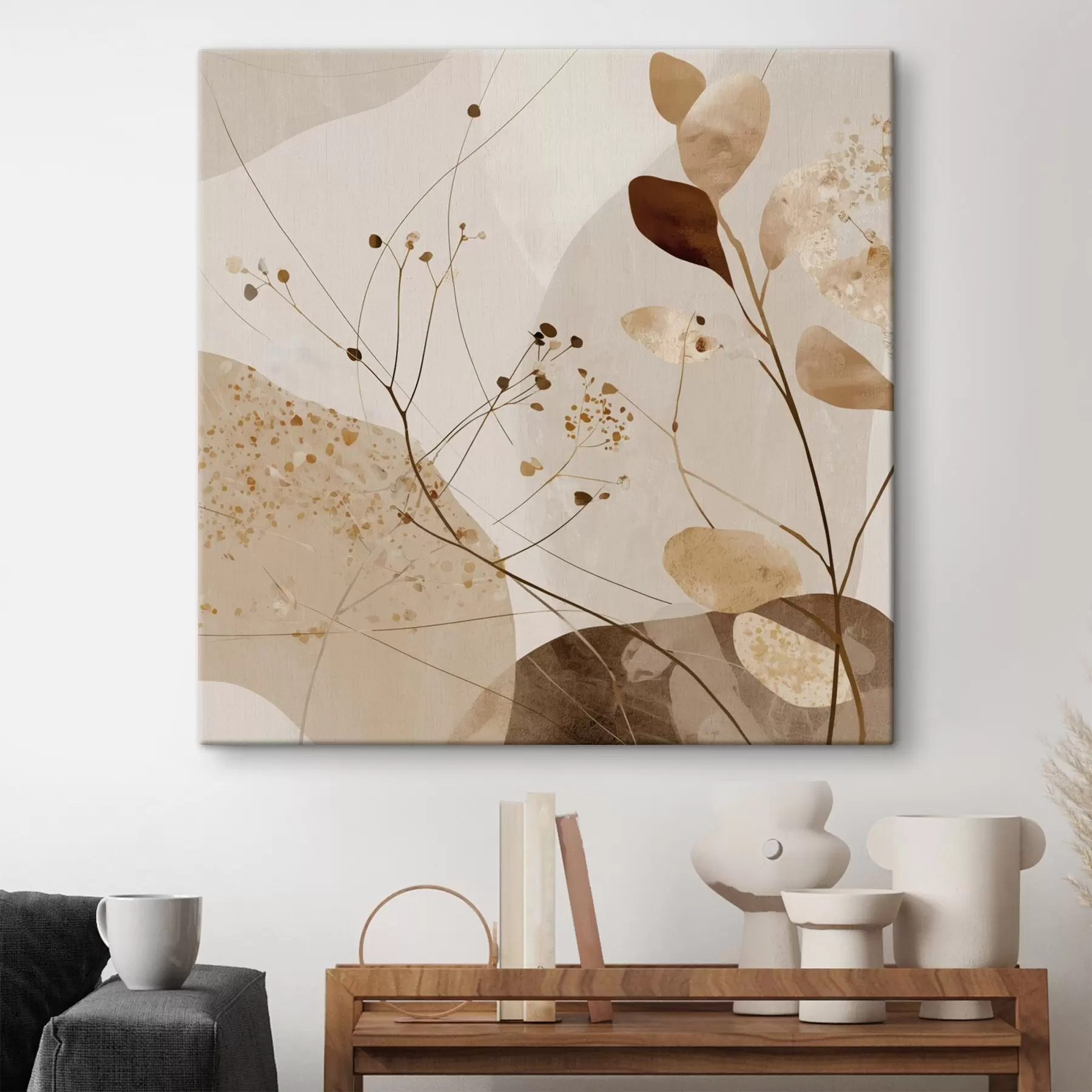 wall murals Abstract shapes and plant motifs in beige tones s46309