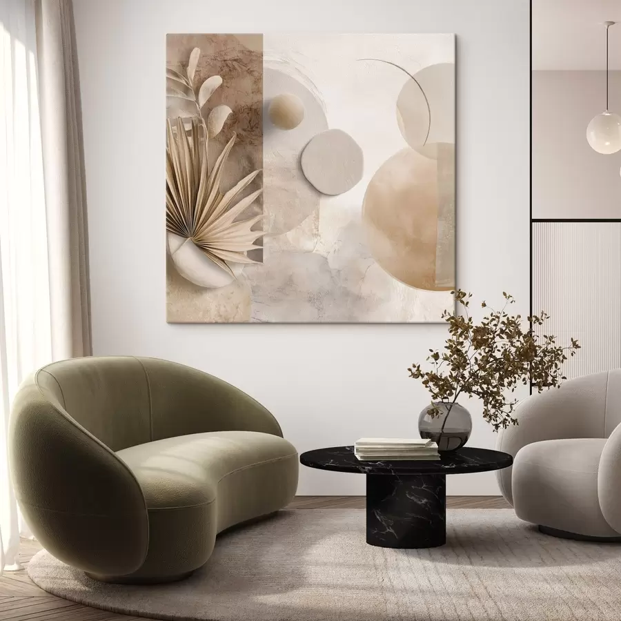 wall murals Dried palm leaves and 3D circles in beige tones s46310