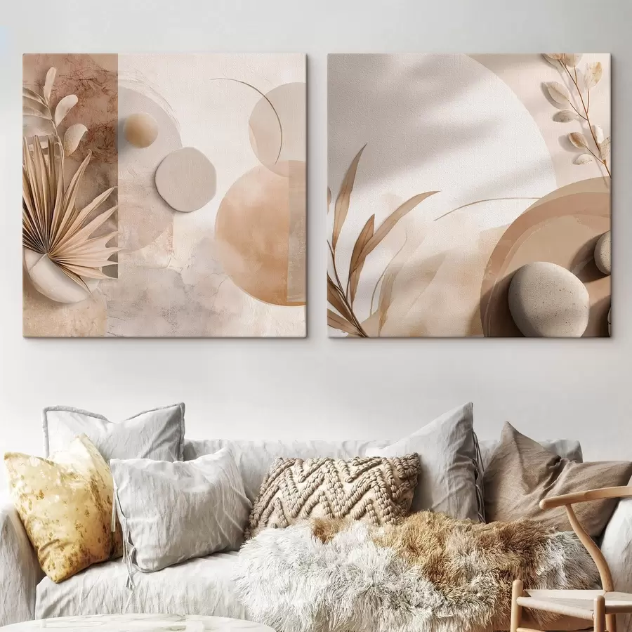 wall murals Two canvases with dried leaves and textured shapes m00893