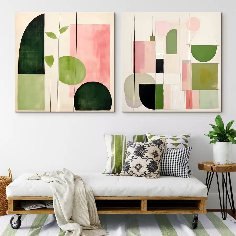 wall murals Minimalist diptych with stylized flora and geometry m00894