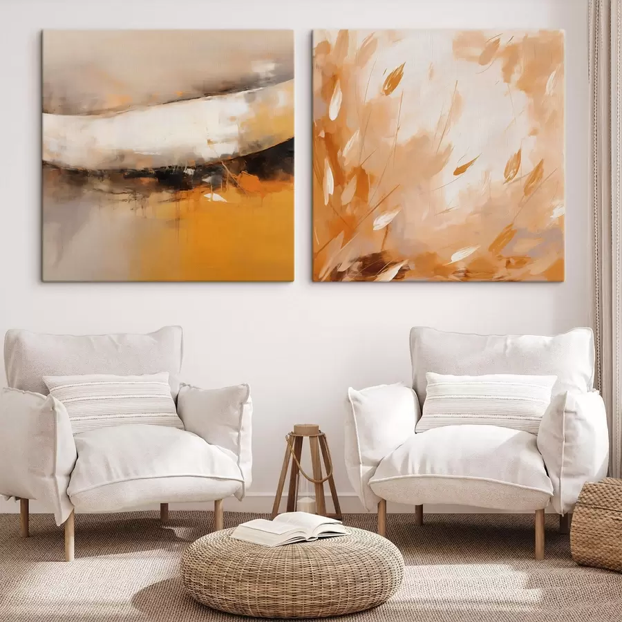 murales Díptico abstracto al óleo en tonos amarillo anaranjado y negro m00897