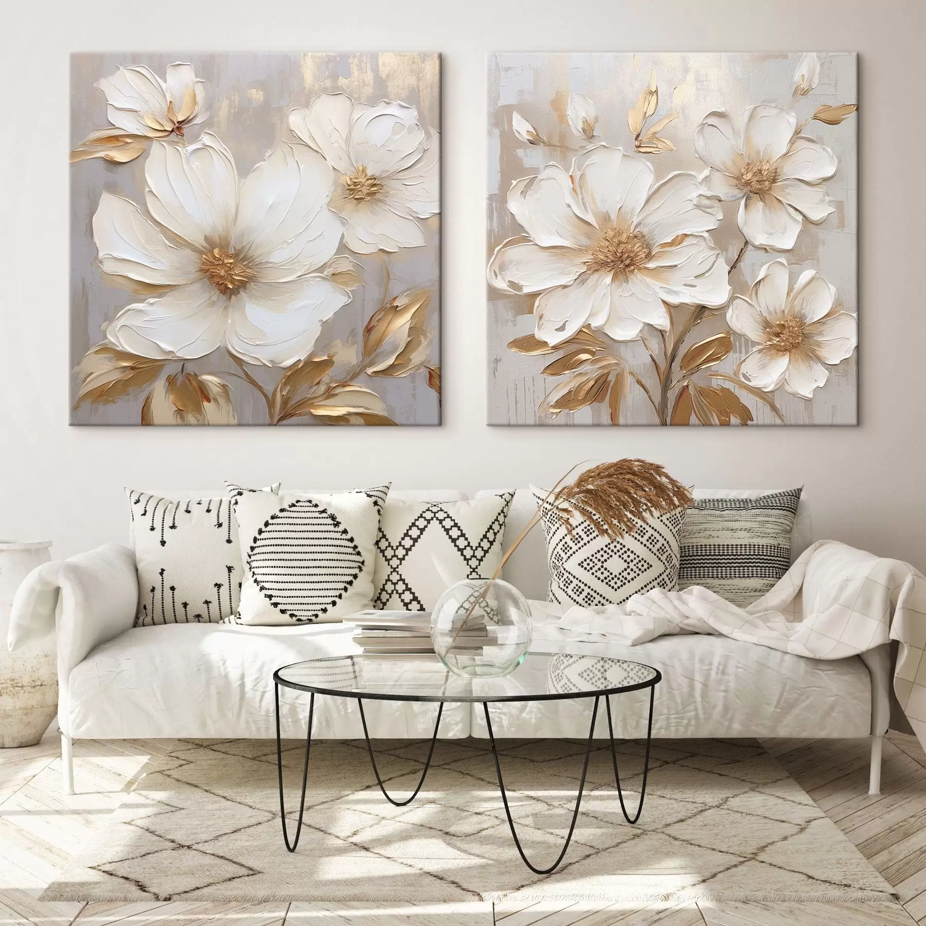 wall murals Diptych with large flowers in light warm colors m00927