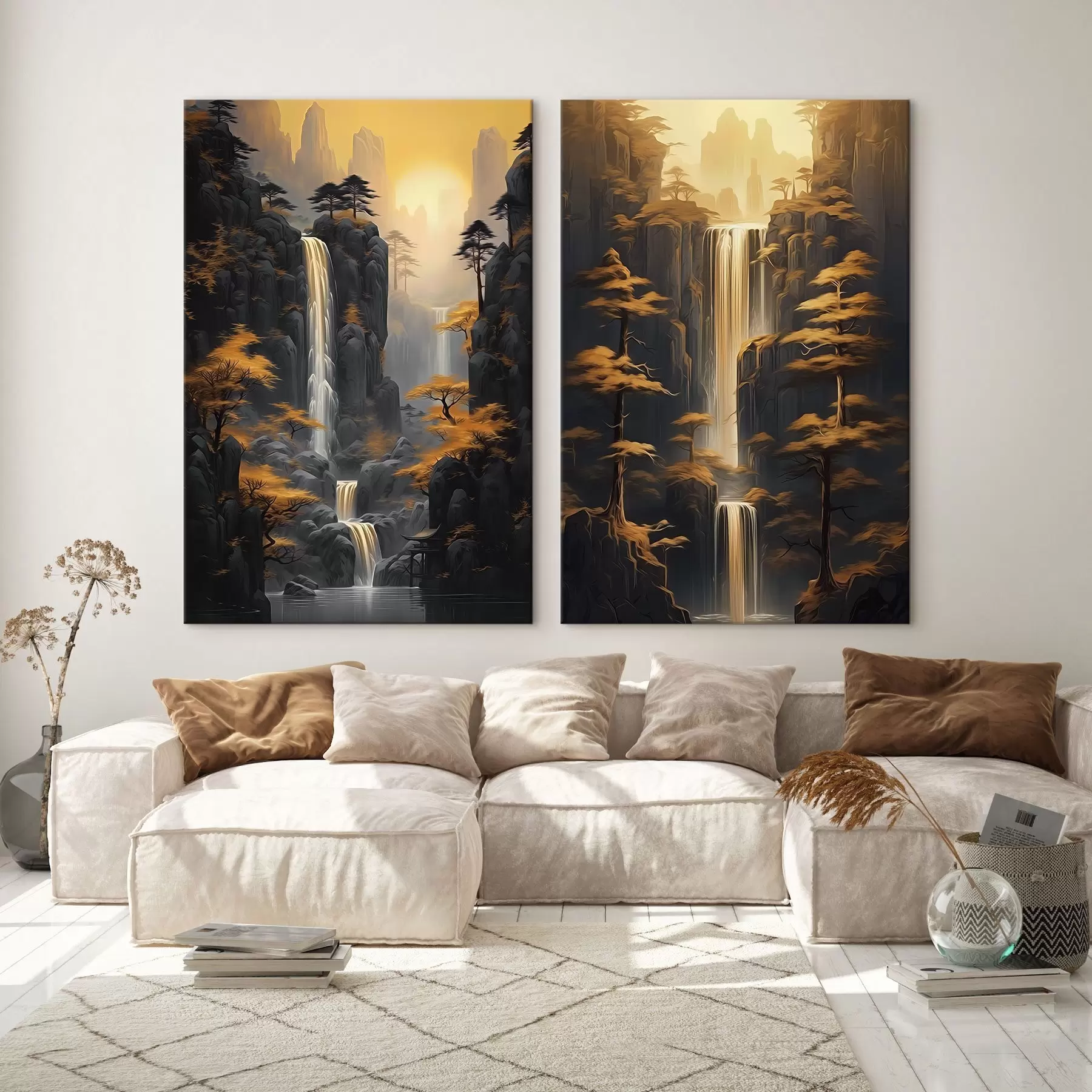 wall murals Landscape with waterfall and mountains in golden light m00928