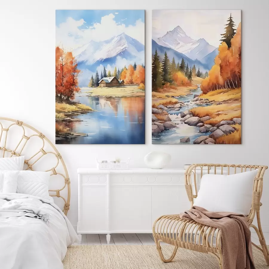 wall murals Autumn mountain landscape with lake and river m00929