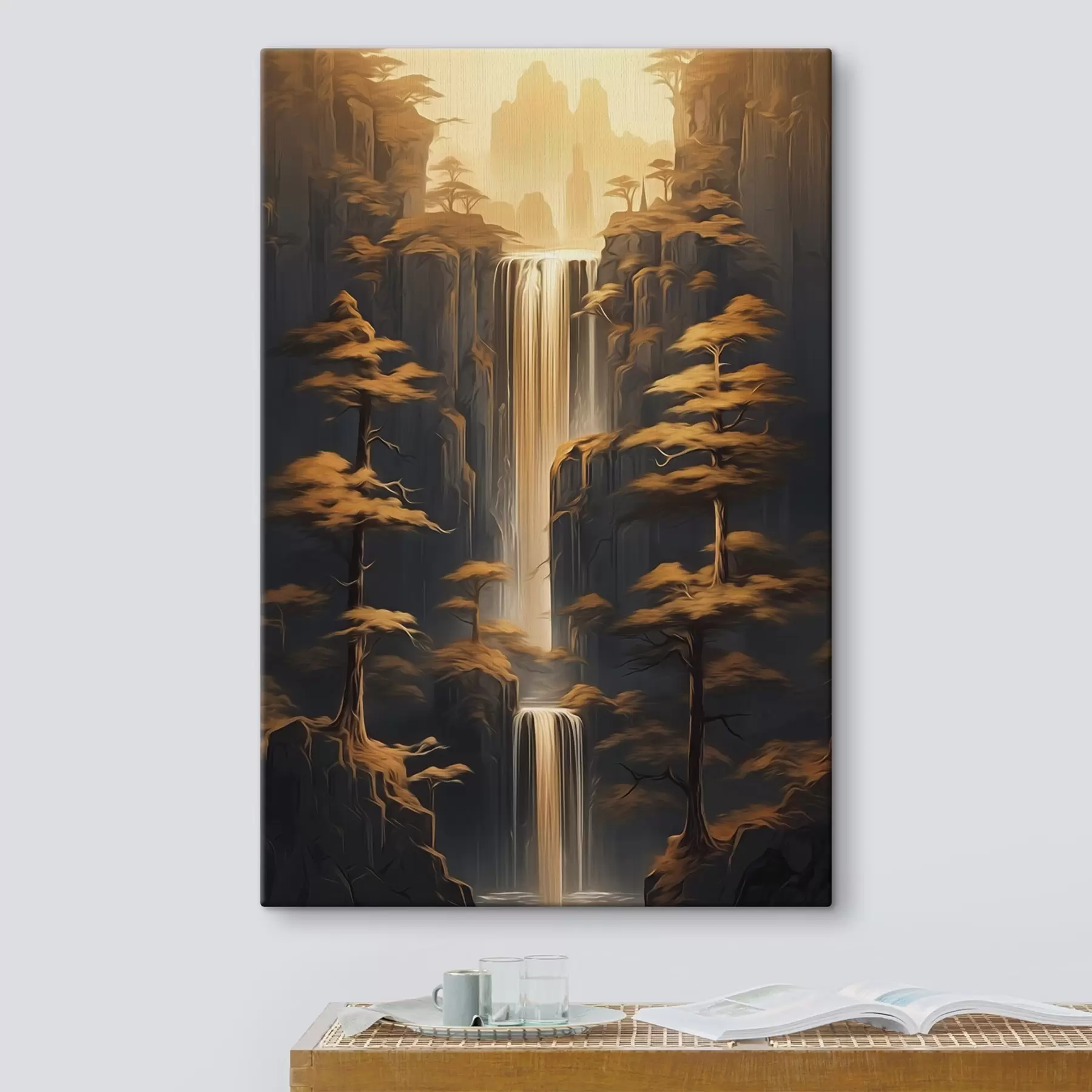 murales Altos acantilados con una cascada y pinos a la luz del atardecer s46151