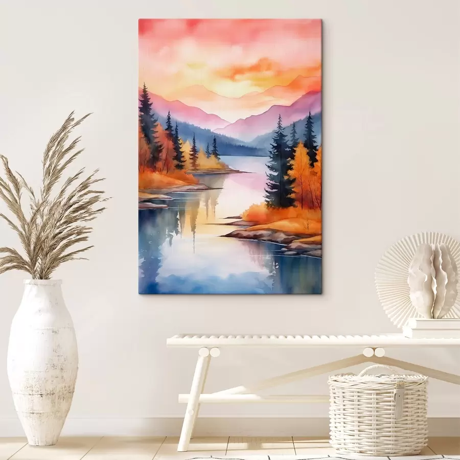 wall murals Autumn landscape by the lake with a bright sky s46155