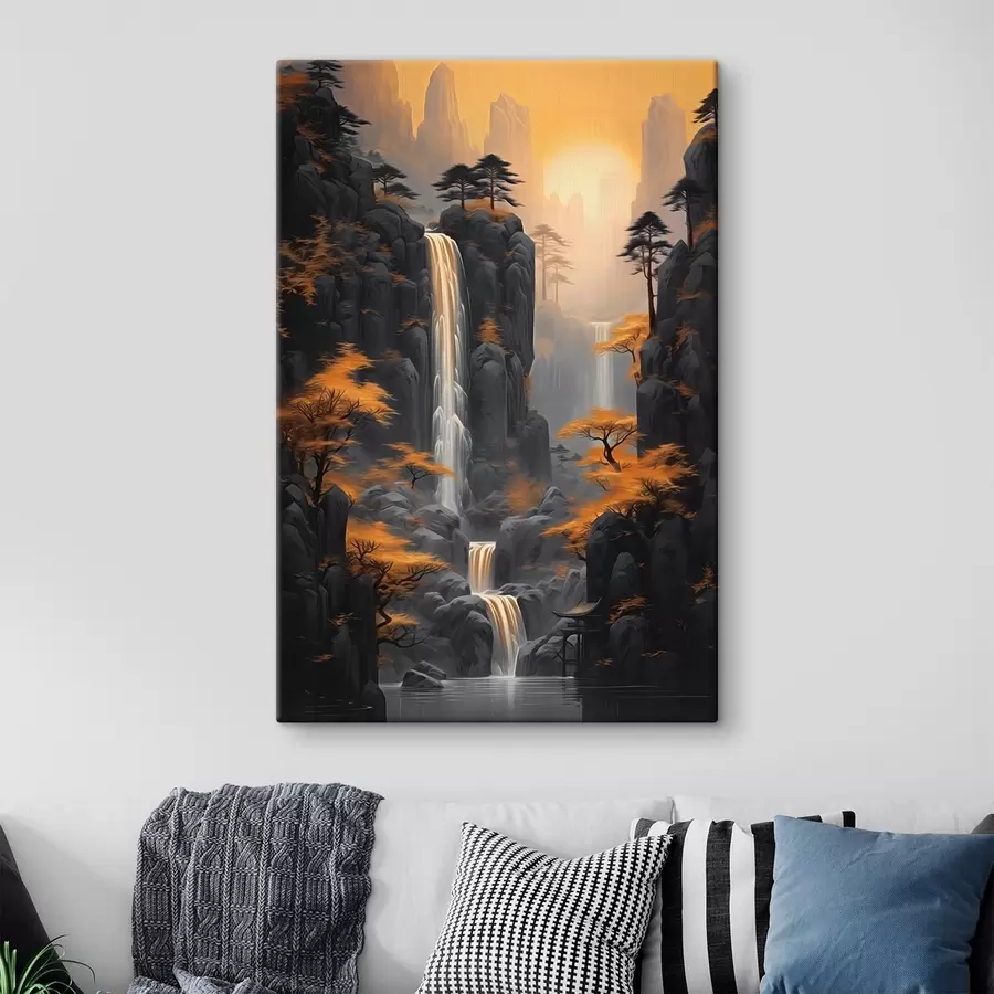 wall murals Rocky landscape with a waterfall in warm sunset tones s46177