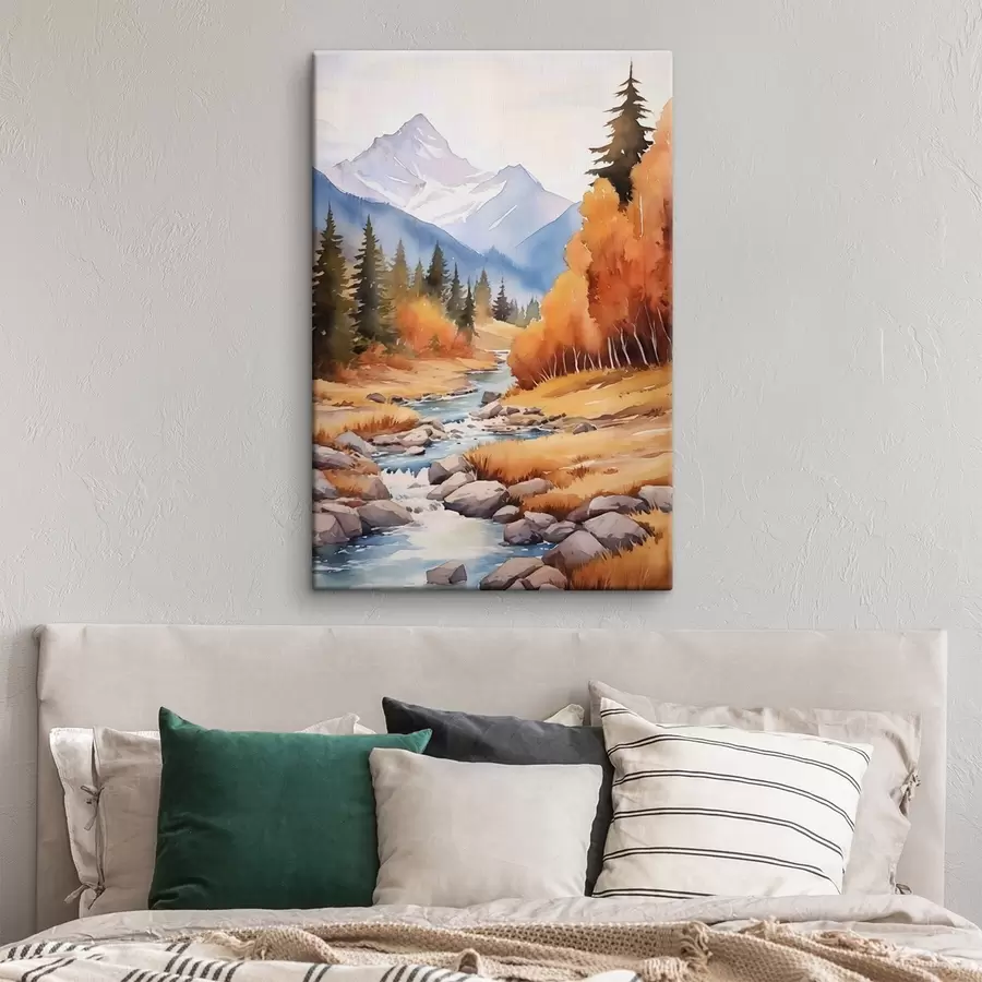 murales Paisaje montañoso otoñal con un río y un bosque lleno de vida s46187