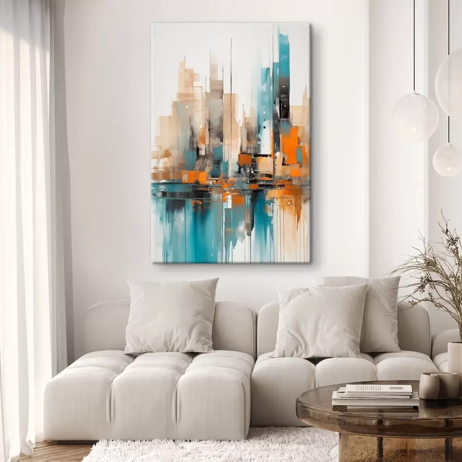 wall murals Abstract cityscape with orange, teal, and brown, vertical brushstrokes and geometric shapes s46266
