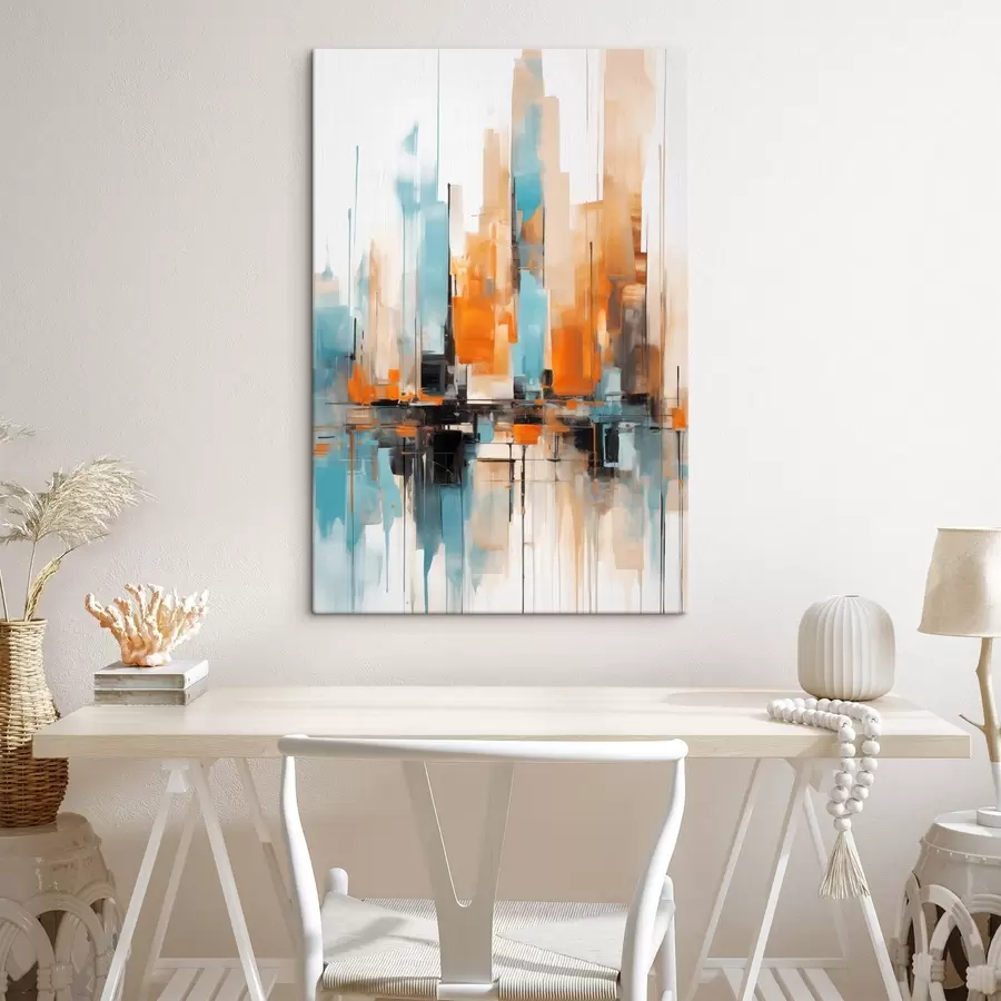 wall murals Abstract cityscape with vertical brushstrokes in shades of orange, blue, and white, painting style s46267