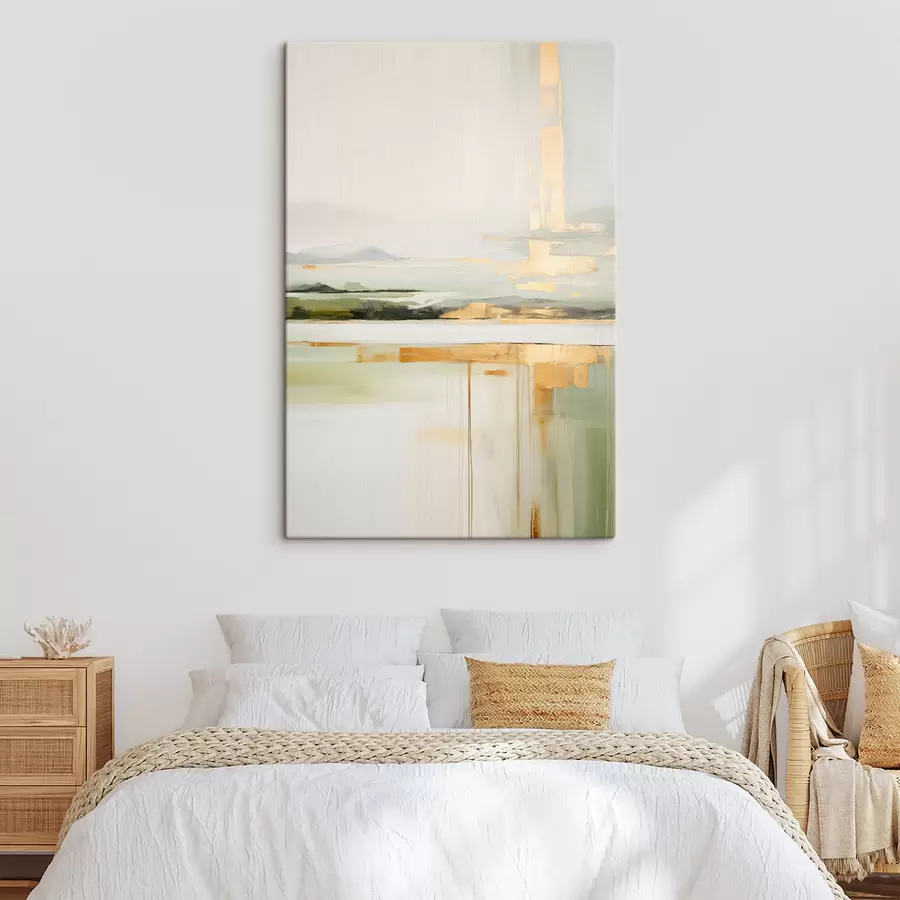 wall murals Abstract landscape with yellow accents, a minimalist composition of land, water and sky, with muted colors s46268