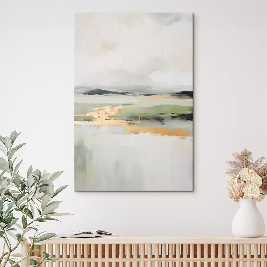 wall murals Abstract landscape with yellow accents, a minimalist composition of land, water and sky, with muted colors s46269