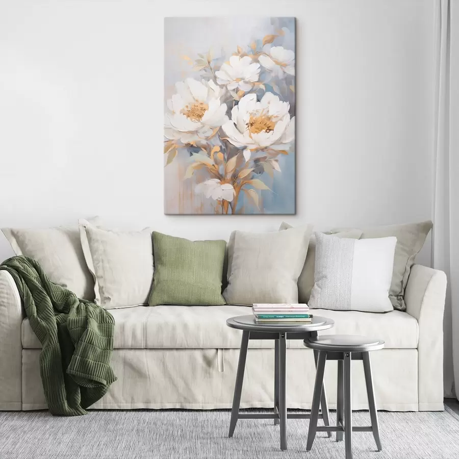 wall murals White peonies with yellow centers and leaves, soft brushstrokes, light blue background, floral arrangement s46270