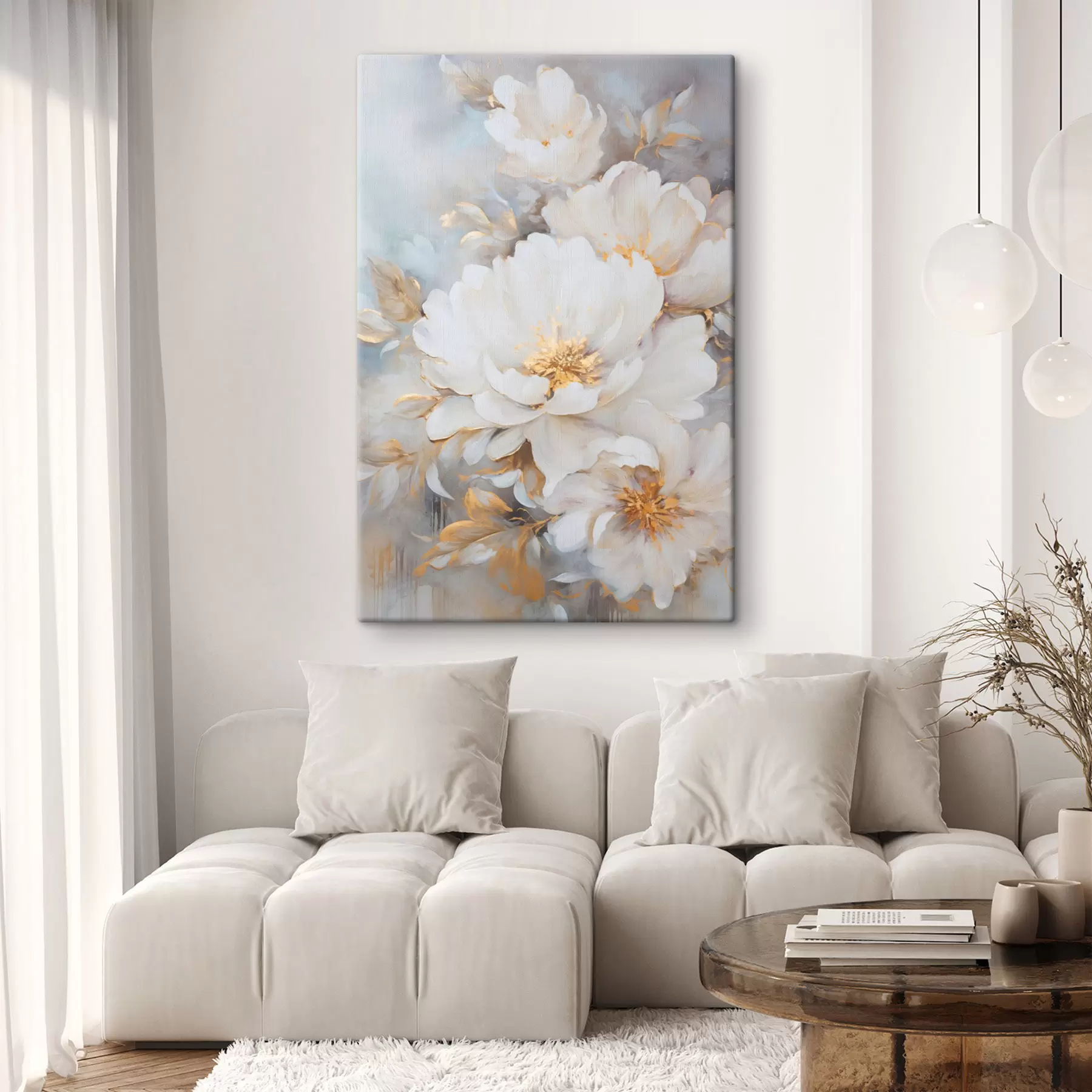 wall murals White peonies with yellow centers and leaves, soft brushstrokes, light blue background, floral arrangement s46271