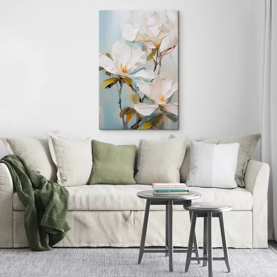 wall murals White magnolia flowers, light blue background with soft brush strokes, oil painting style, impasto texture s46276