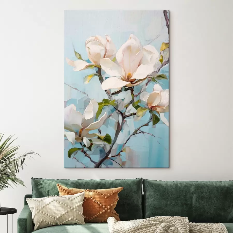 murales Flores blancas de magnolia, fondo azul claro con suaves pinceladas, estilo pintura al óleo, textura impasto s46277