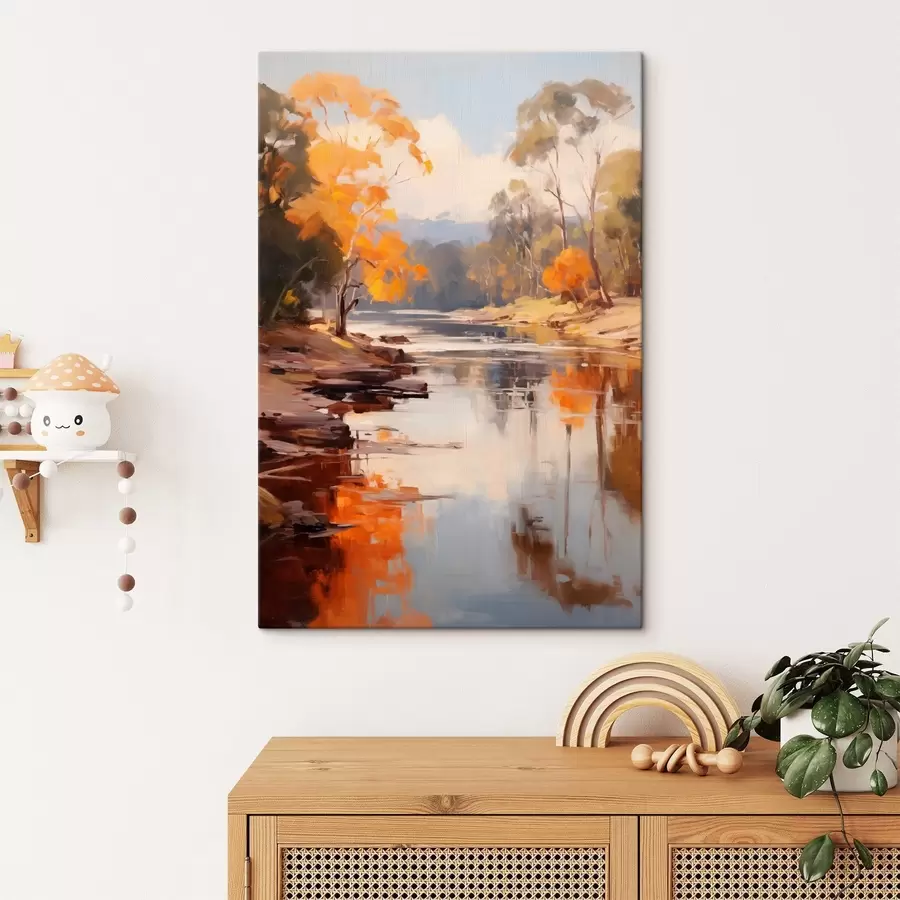 wall murals Autumn landscape, river with trees on the shore, forest in the background, reflections on the water s46280