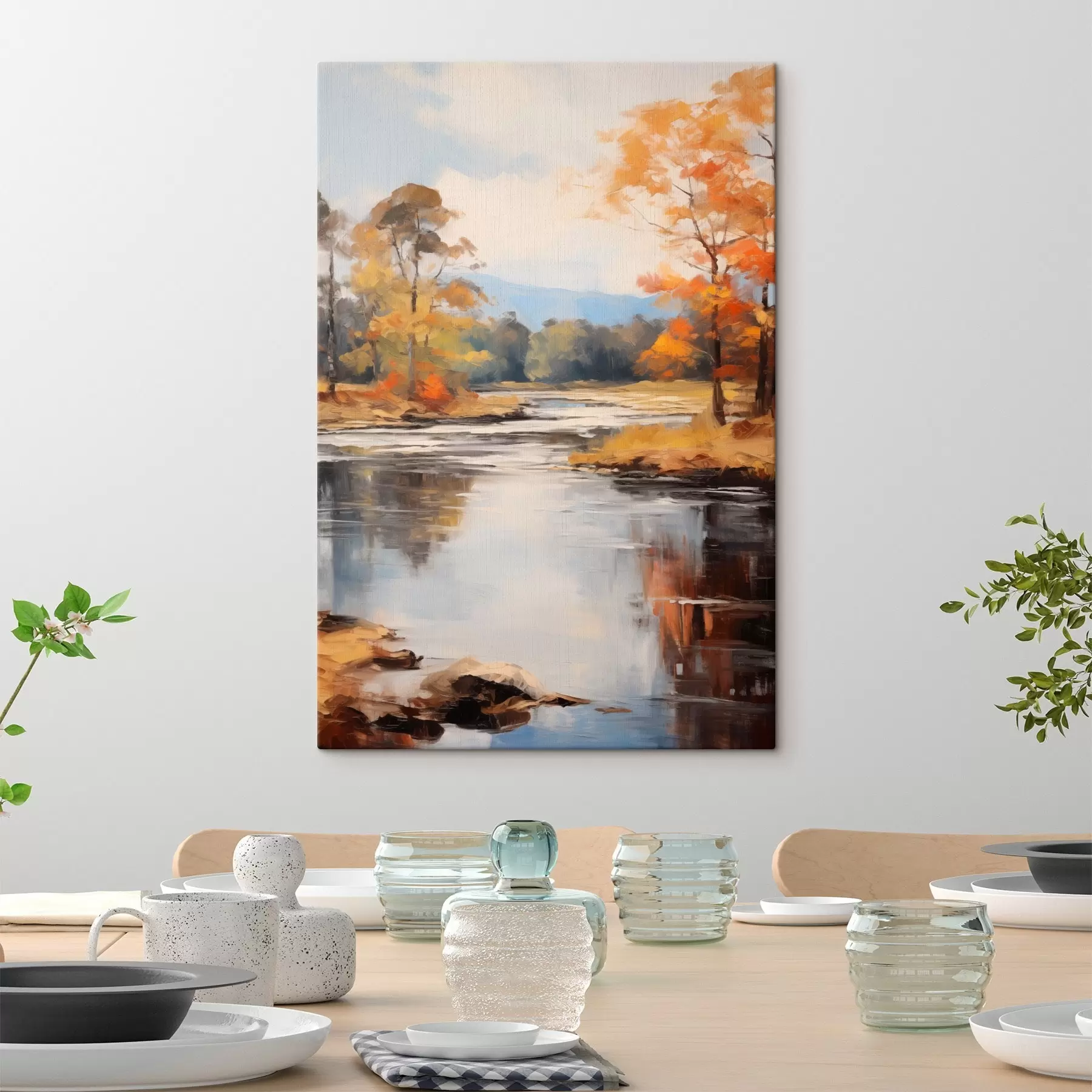 murales Paisaje con un río que fluye a través de un bosque en otoño, árboles amarillos y naranjas, estilo pictórico s46281