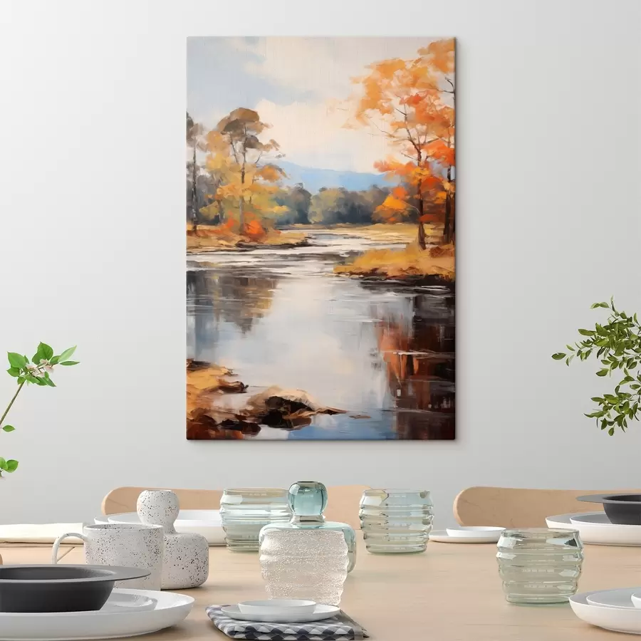 murales Paisaje con un río que fluye a través de un bosque en otoño, árboles amarillos y naranjas, estilo pictórico s46281