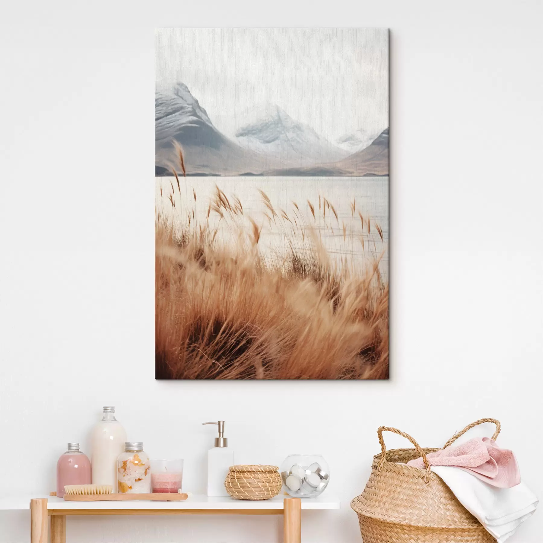 wall murals Pampas grass field in front of a lake landscape with snowy mountains in the background, soft light s46282