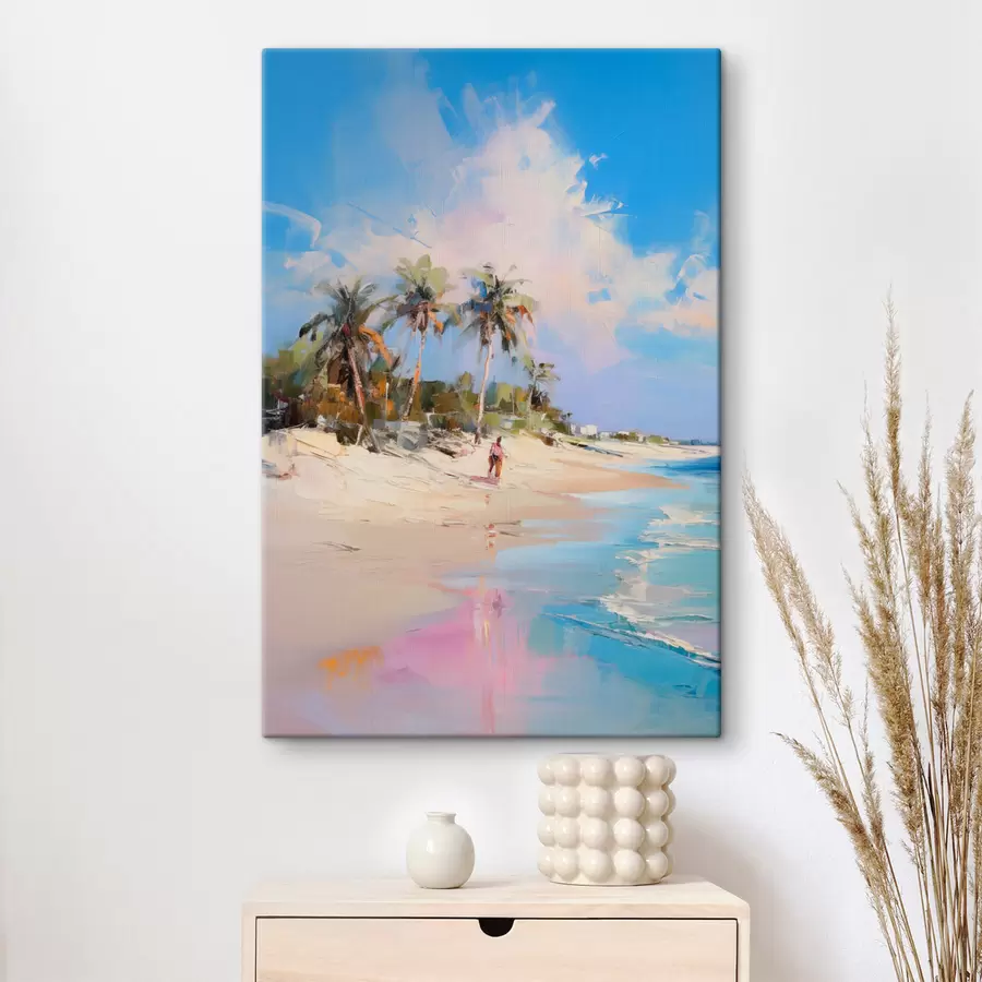murales Paisaje abstracto, una playa con palmeras, un día soleado con un cielo azul y algunas nubes s46284