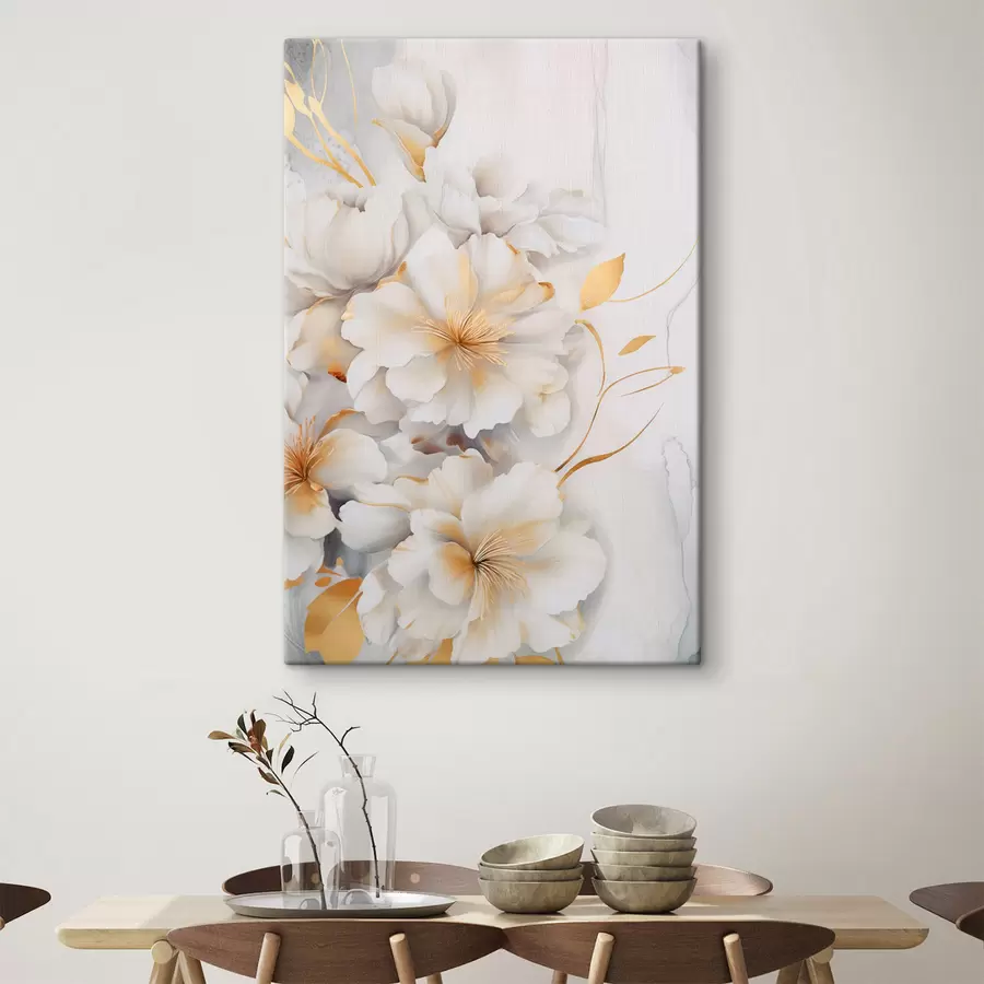 murales Flores blancas con detalles amarillos, pétalos con sombras sutiles, fondo claro con un sutil efecto marmolado s46292