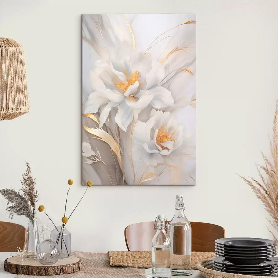 murales Flores blancas con pistilos y tallos amarillos, pétalos delicados, composición elegante, fondo neutro s46293