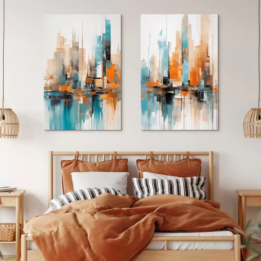 wall murals Abstract cityscape with vertical brushstrokes in shades of orange, blue, and white, painting style m00876
