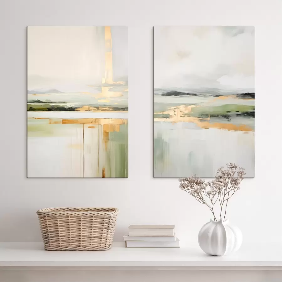 wall murals Abstract landscape with yellow accents, a minimalist composition of land, water and sky, with muted colors m00877