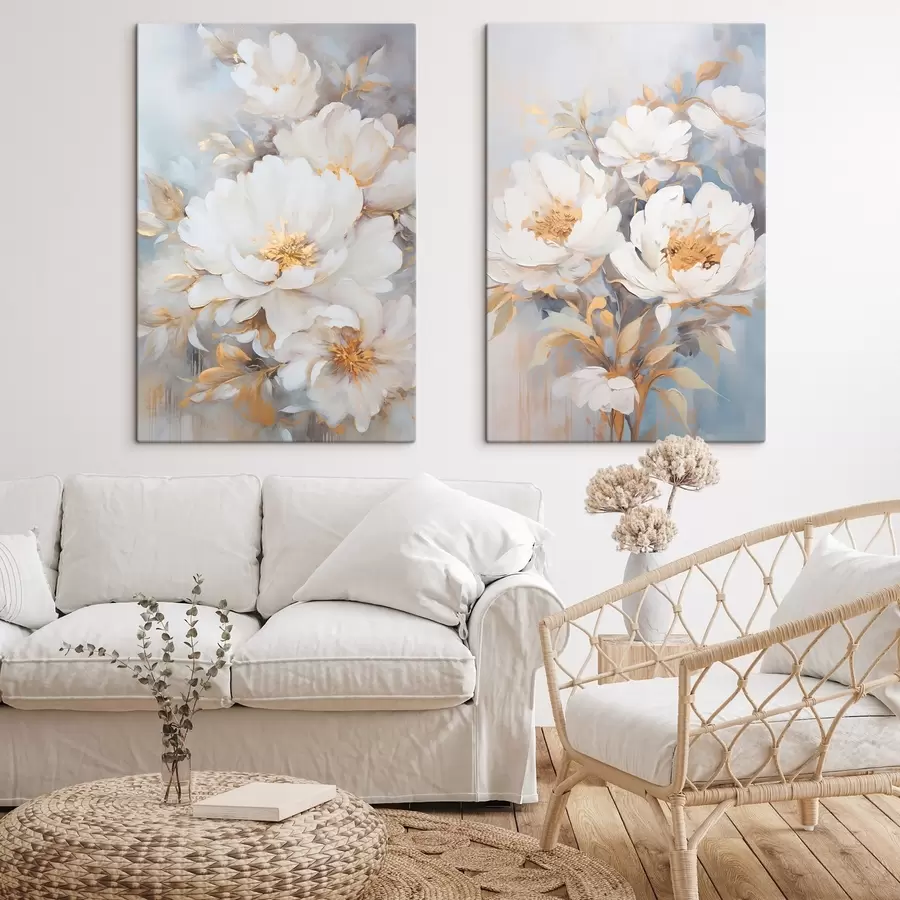 wall murals White peonies with yellow centers and leaves, soft brushstrokes, light blue background, floral arrangement m00878